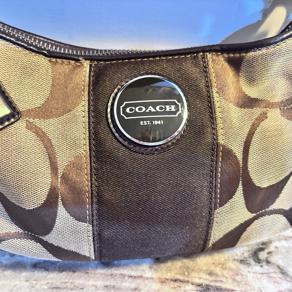 Coach Signature Jacquard Stripe Demi Brown and Tan Shoulder Bag - Picture 2 of 10